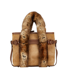 サルヴァトーレフェラガモ ハンドバッグ ベージュ ブラウン ファー レザー スエード レディース Salvatore Ferragamo 【中古】