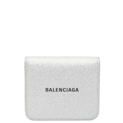 バレンシアガ ロゴ 二つ折り財布 594216 シルバー レザー レディース BALENCIAGA 【中古】