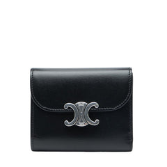 セリーヌ トリオンフ スモール フラップウォレット 三つ折り財布 コンパクトウォレット ブラック レザー レディース CELINE 【中古】
