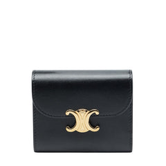 セリーヌ トリオンフ スモール フラップウォレット 三つ折り財布 コンパクトウォレット ブラック レザー レディース CELINE 【中古】