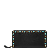 ヴァレンティノ ロックスタッズ ラウンドファスナー 長財布 ブラック ターコイズブルー レザー レディース VALENTINO 【中古】