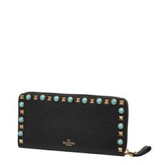 ヴァレンティノ ロックスタッズ ラウンドファスナー 長財布 ブラック ターコイズブルー レザー レディース VALENTINO 【中古】