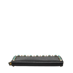 ヴァレンティノ ロックスタッズ ラウンドファスナー 長財布 ブラック ターコイズブルー レザー レディース VALENTINO 【中古】