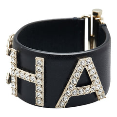 シャネル ロゴ ラインストーン バングル サイズ:S ブラック シャンパンゴールド ラムスキン ラインストーン レディース CHANEL 【中古】
