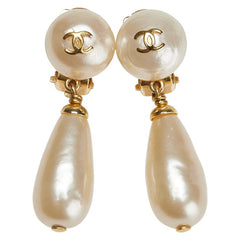 シャネル ヴィンテージ ココマーク ティアドロップ モチーフ スイング イヤリング ゴールド メッキ フェイクパール レディース CHANEL 【中古】