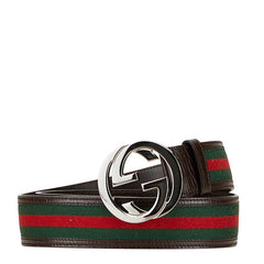 グッチ インターロッキングG シェリーライン ベルト 85.34 114984 ブラウン レザー キャンバス メンズ GUCCI 【中古】