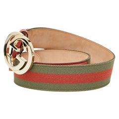 グッチ インターロッキングG ベルト 85.34 114876 カーキ ピンク レザー キャンバス メンズ GUCCI 【中古】