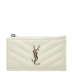 サンローラン カサンドラ YSLロゴ フラグメントケース ジップカードケース アイボリー シルバー レザー レディース SAINT LAURENT 【中古】