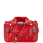 モスキーノ バイカー ジャケット ライダース 斜め掛け チェーン ショルダーバッグ レッド レザー レディース MOSCHINO 【中古】