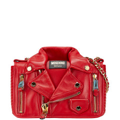 モスキーノ バイカー ジャケット ライダース 斜め掛け チェーン ショルダーバッグ レッド レザー レディース MOSCHINO 【中古】