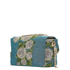 シンクビー 薔薇 バラ レオパード 斜め掛け チェーン ショルダーバッグ ブルー ベージュ コットンキャンバス ラインストーン レディース thinkbee 【中古】