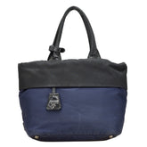 プラダ テスートダブル 三角ロゴプレート ハンドバッグ トートバッグ B1959V ネイビー ブラック ナイロン レザー レディース PRADA 【中古】