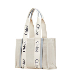 クロエ ウッディ ミディアム トートバッグ ショルダーバッグ ベージュ ブルー キャンバス レザー レディース Chloe 【中古】