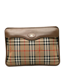 バーバリー ノバチェック シャドーホース クラッチバッグ ベージュ ブラウン キャンバス レザー レディース BURBERRY 中古