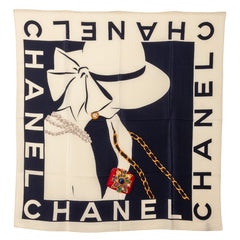 シャネル マドモアゼル グリポア スカーフ アイボリー ブラック シルク レディース CHANEL 【中古】