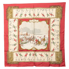 エルメス カレ90 LES PLAISIRS DU FROID 氷上の喜び スカーフ レッド マルチカラー シルク レディース HERMES 【中古】