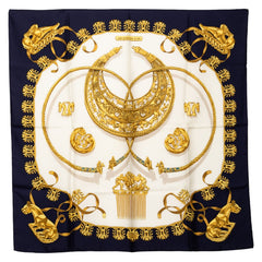 エルメス カレ90 LES CAVALIERS D´OR 黄金ノ騎士 スカーフ ネイビー ホワイト ゴールド シルク レディース HERMES 【中古】