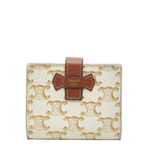 セリーヌ トリオンフ スモール ストラップウォレット 二つ折り財布 アイボリー ブラウン PVC レザー レディース CELINE 【中古】