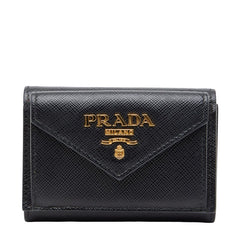 プラダ ロゴ 三つ折り財布 1MH021 ブラック サファイアーノレザー レディース PRADA 【中古】