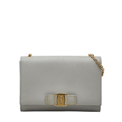 サルヴァトーレフェラガモ ヴァラリボン チェーン ショルダーバッグ AU22-B558 グレー レザー レディース Salvatore Ferragamo 【中古】