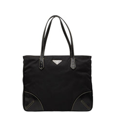 プラダ 三角ロゴプレート トートバッグ ブラック ナイロン レザー レディース PRADA 【中古】