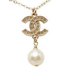 シャネル ココマーク ラインストーン ネックレス シャンパンゴールド メッキ フェイクパール レディース CHANEL 【中古】