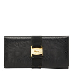 サルヴァトーレフェラガモ ヴァラ リザード型押し 長財布 ブラック レザー レディース Salvatore Ferragamo 【中古】