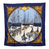 エルメス カレ90 MARINE ET CAVALERIE 海と騎兵隊 スカーフ 大判 ブルー系 シルク レディース HERMES 【中古】