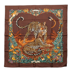 エルメス カレ90 Jungle Love ジャングル ラブ スカーフ 大判 ブラウン系 シルク レディース HERMES 【中古】