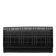 バーバリー エンボスチェック ロングウォレット 長財布 がま口 ブラック レザー レディース BURBERRY 【中古】