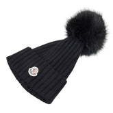 モンクレール ロゴ ポンポン付き ニットキャップ ニット帽 ブラック ウール レディース MONCLER 【中古】