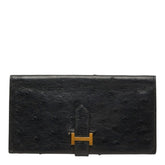 エルメス ベアンスフレ 長財布 ブラック ゴールド金具 オーストリッチ レディース HERMES 中古