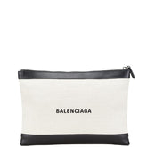バレンシアガ ネイビークリップM クラッチバッグ 373834 ベージュ ブラック キャンバス レザー レディース BALENCIAGA 中古