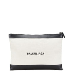 バレンシアガ ネイビークリップM クラッチバッグ 373834 ベージュ ブラック キャンバス レザー レディース BALENCIAGA 中古