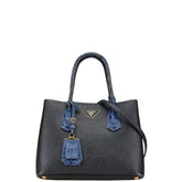 プラダ ドゥーブレ 三角ロゴプレート ハンドバッグ ショルダーバッグ 2WAY 1BG887 ブラック ネイビー レザー クロコダイル レディース PRADA 【中古】