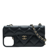 シャネル ココマーク マトラッセ チェーンショルダー iPhone 13/14 ケース ブラック ゴールド ラムスキン レディース CHANEL 【中古】
