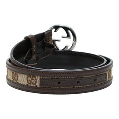 グッチ インターロッキングG GGキャンバス ロゴ バックルベルト 114874 ベージュ ブラウン キャンバス レザー レディース GUCCI 【中古】