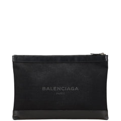 バレンシアガ ネイビー クリップ L クラッチバッグ 373840 ブラック キャンバス レザー レディース BALENCIAGA 【中古】