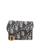 ディオール オブリーク サドル 三つ折り財布 ネイビー ベージュ キャンバス レザー レディース Dior 【中古】