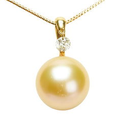 K18YG イエローゴールド ゴールデンパール 真珠13.0mm ダイヤ0.20ct ネックレス レディース 【中古】