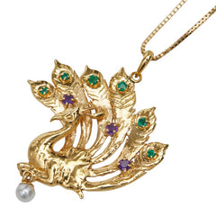 ノーブランド ゴールド グリーン パープル K18YG イエローゴールド パール約3.7mm エメラルド0.13ct アメジスト クジャク 孔雀 モチーフ ネックレス レディース no brand 【中古】