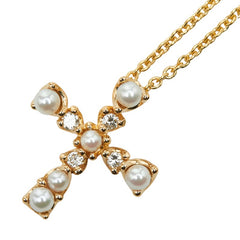 ノーブランド K18YG イエローゴールド ダイヤ0.06ct パール2.1~2.8mm クロス 十字架 モチーフ ペンダントネックレス イヤリング セット レディース no brand 【中古】