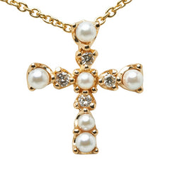 ノーブランド K18YG イエローゴールド ダイヤ0.06ct パール2.1~2.8mm クロス 十字架 モチーフ ペンダントネックレス イヤリング セット レディース no brand 【中古】