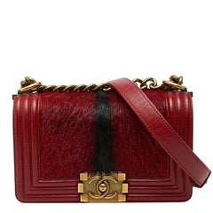 シャネル ココマーク ボーイシャネル チェーンショルダーバッグ 86427 レッド レザー ラビットファー レディース CHANEL 【中古】