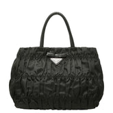 プラダ 三角ロゴプレート ギャザー ハンドバッグ BN1675 ブラック ナイロン レザー レディース PRADA 中古