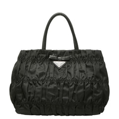 プラダ 三角ロゴプレート ギャザー ハンドバッグ BN1675 ブラック ナイロン レザー レディース PRADA 中古