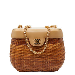 シャネル ココマーク チェーンショルダーバッグ かごバッグ ブラウン ベージュ ラタン レザー レディース CHANEL 【中古】