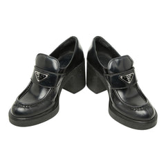 プラダ 三角ロゴプレート ハイヒール ローファー サイズ38 1/2 ブラック レザー レディース PRADA 【中古】