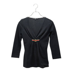 グッチ シェリーライン 7分袖 フロントギャザー カットソー Tシャツ ブラック コットン ポリエステル レディース GUCCI 中古