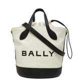 バリー Bar 8 Hours トートバッグ バケットバッグ トップハンドル WAU00ZCV034 ホワイト ブラック キャンバス レザー レディース BALLY 中古